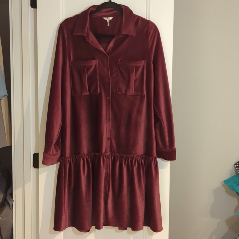 Esqualo corderoy velour red dress long sleeve shirt Button Up size S boho